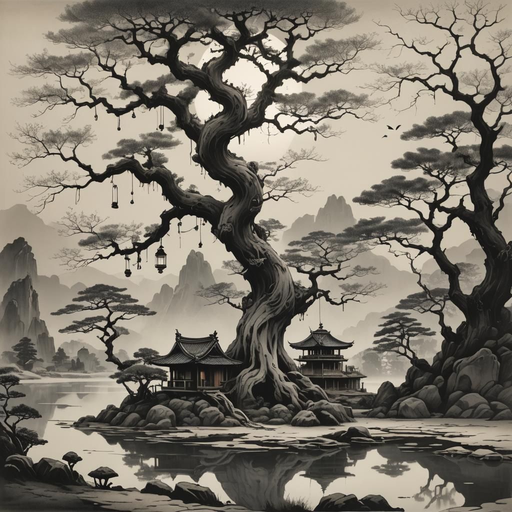 Dreamlike Bonsai Tree with Lanterns in Ink Wash Style
