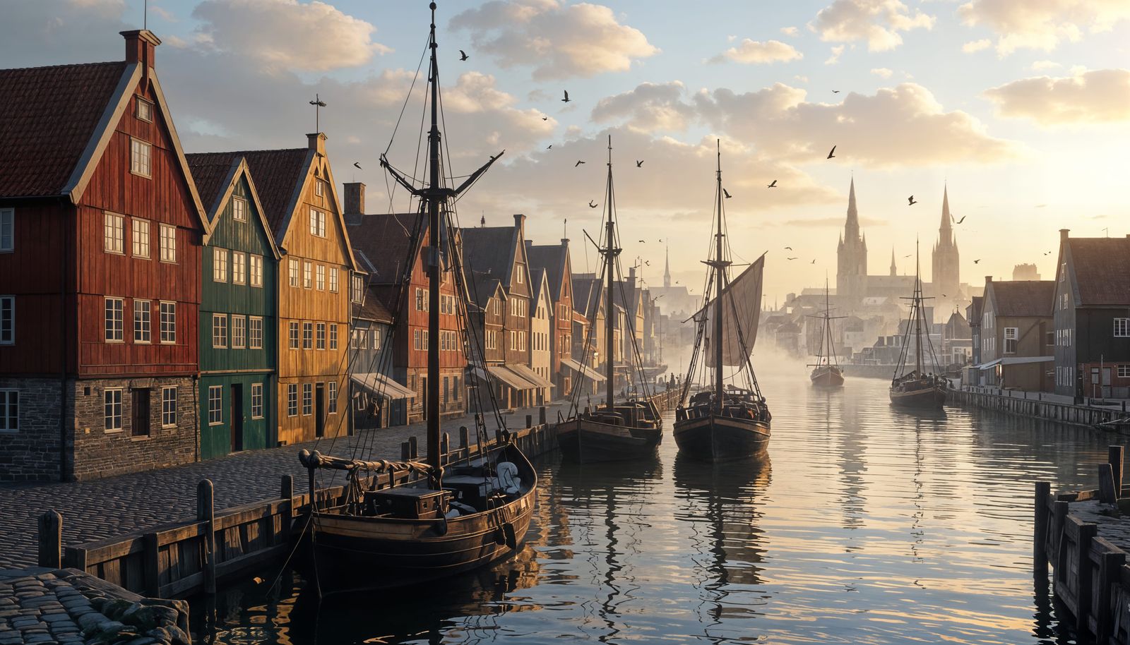17th Century Danish Coastal Town at Dawn
