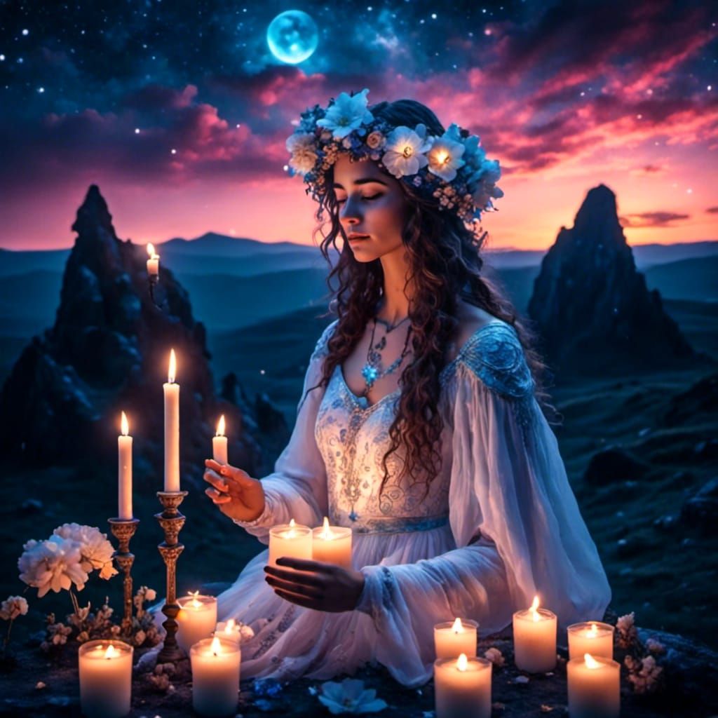 Mysterious Woman with Candle at Stonehenge, Digital Art