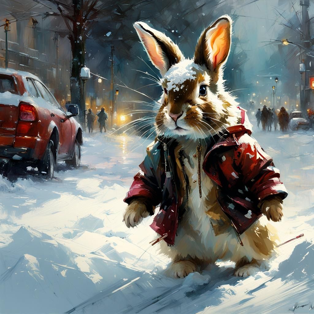 Cute Bunnies Play in Snow: Matte Painting