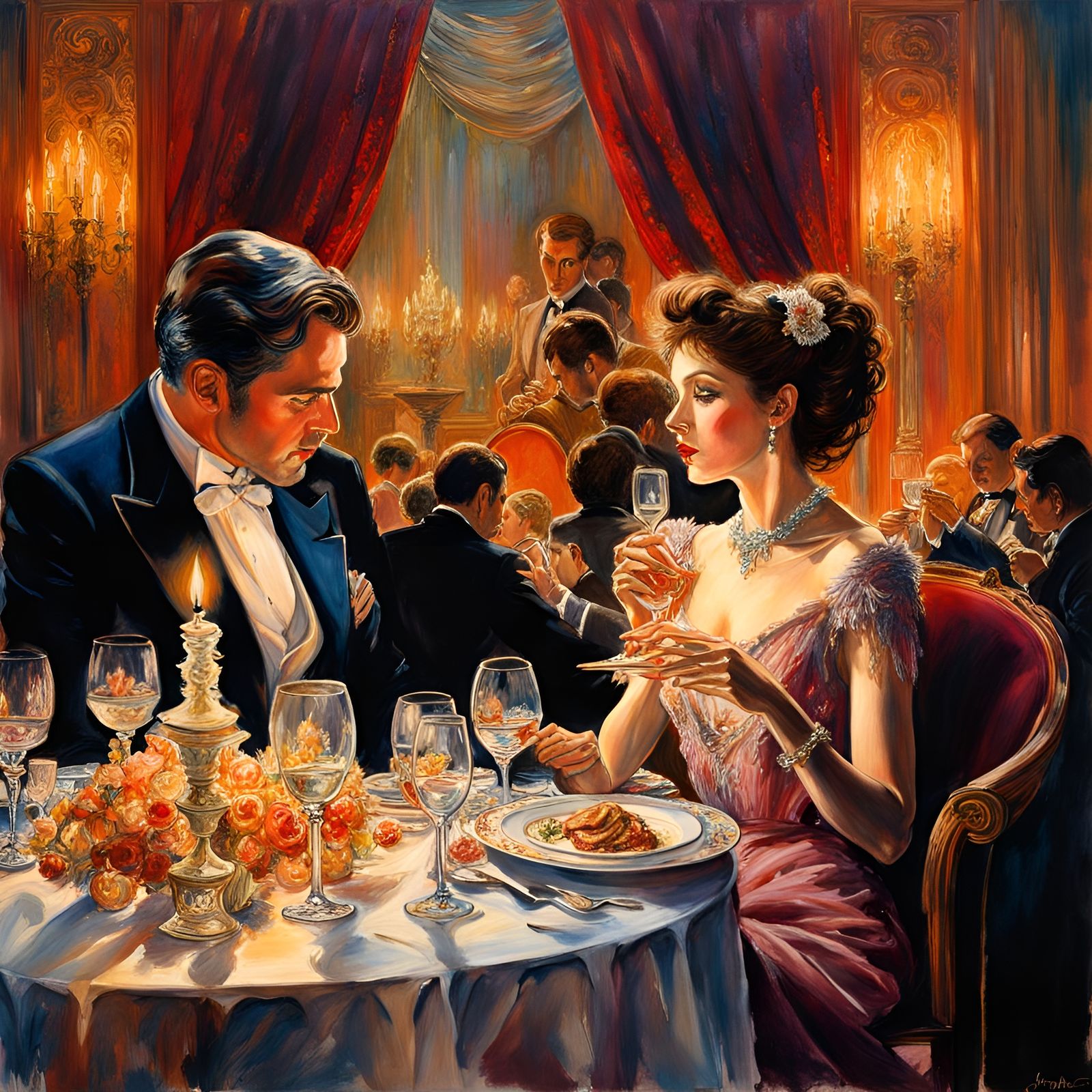 Elegant Couple's Candlelit Dinner in Film Noir Style