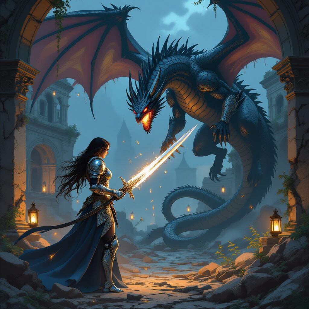 Armored Girl Battles Dragon in Fantasy Landscape