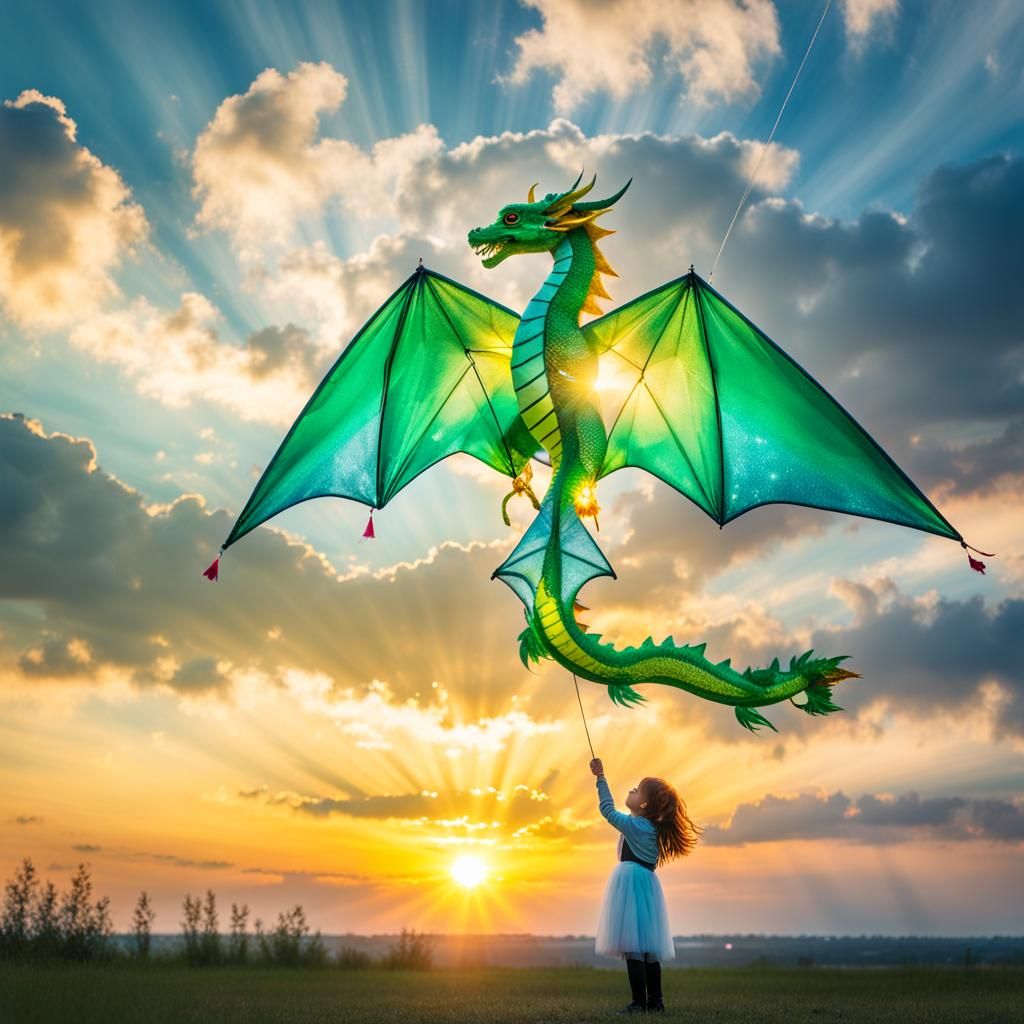Little Girl with Green Dragon Kite at Sunrise