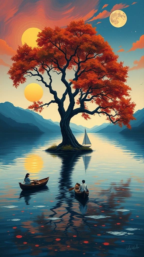 Impressionist Lake Scene with Majestic Tree and Vibrant Colo...