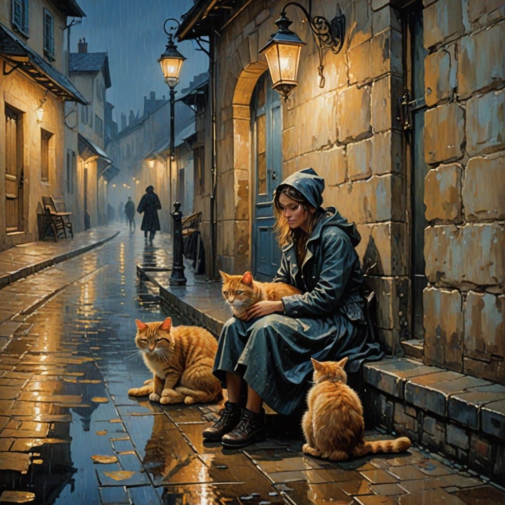 Homeless Girl with Cat in Rainy French Village
