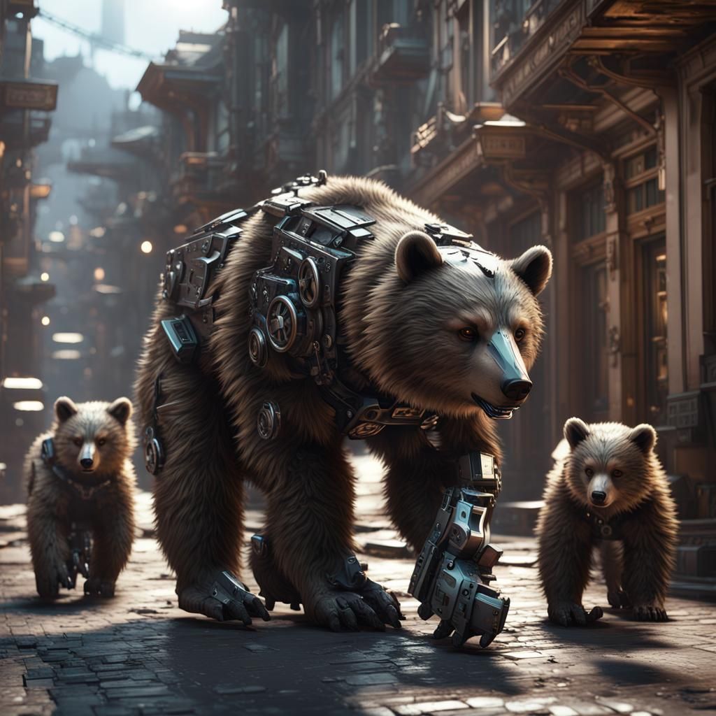 Mechanical Bear Family in Abandoned Town: Sci-Fi Art