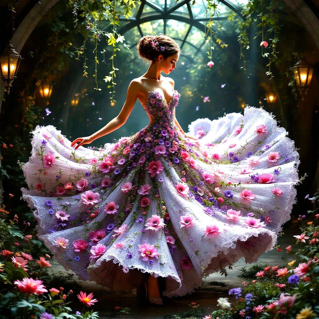 Girl Wears Elegant Floral Ballgown in Whimsical Old-Style Da...
