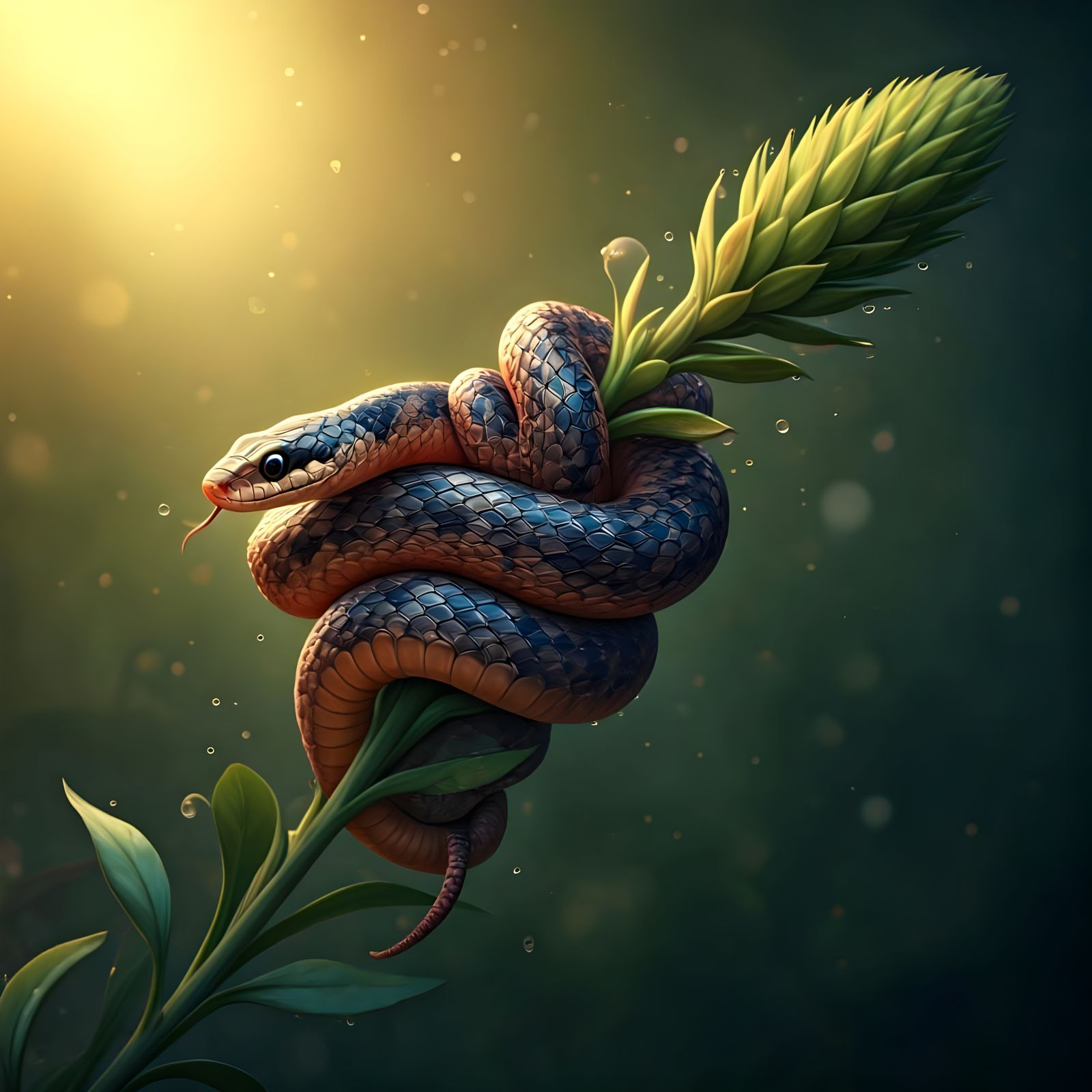 Macro Portrait of Snake Coiled Around Flower