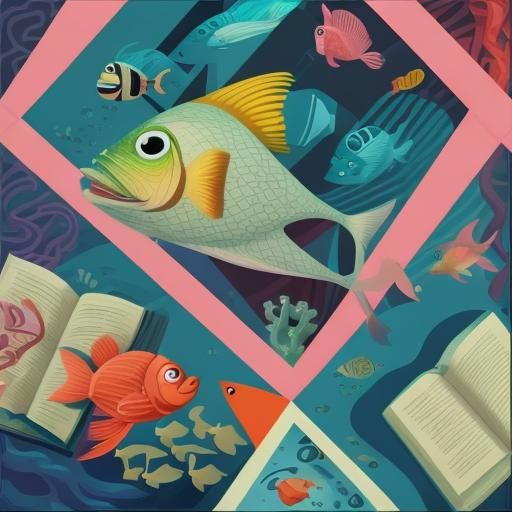 Cartoon Fish Intrigued by Hooked Book: Geometric Fauvism