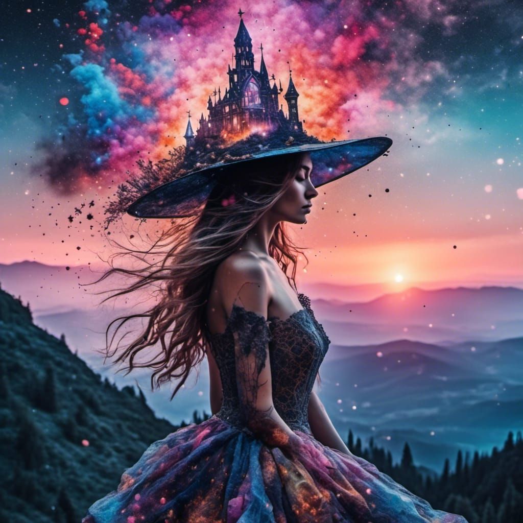 Sorceress Silhouette in Double Exposure Watercolor