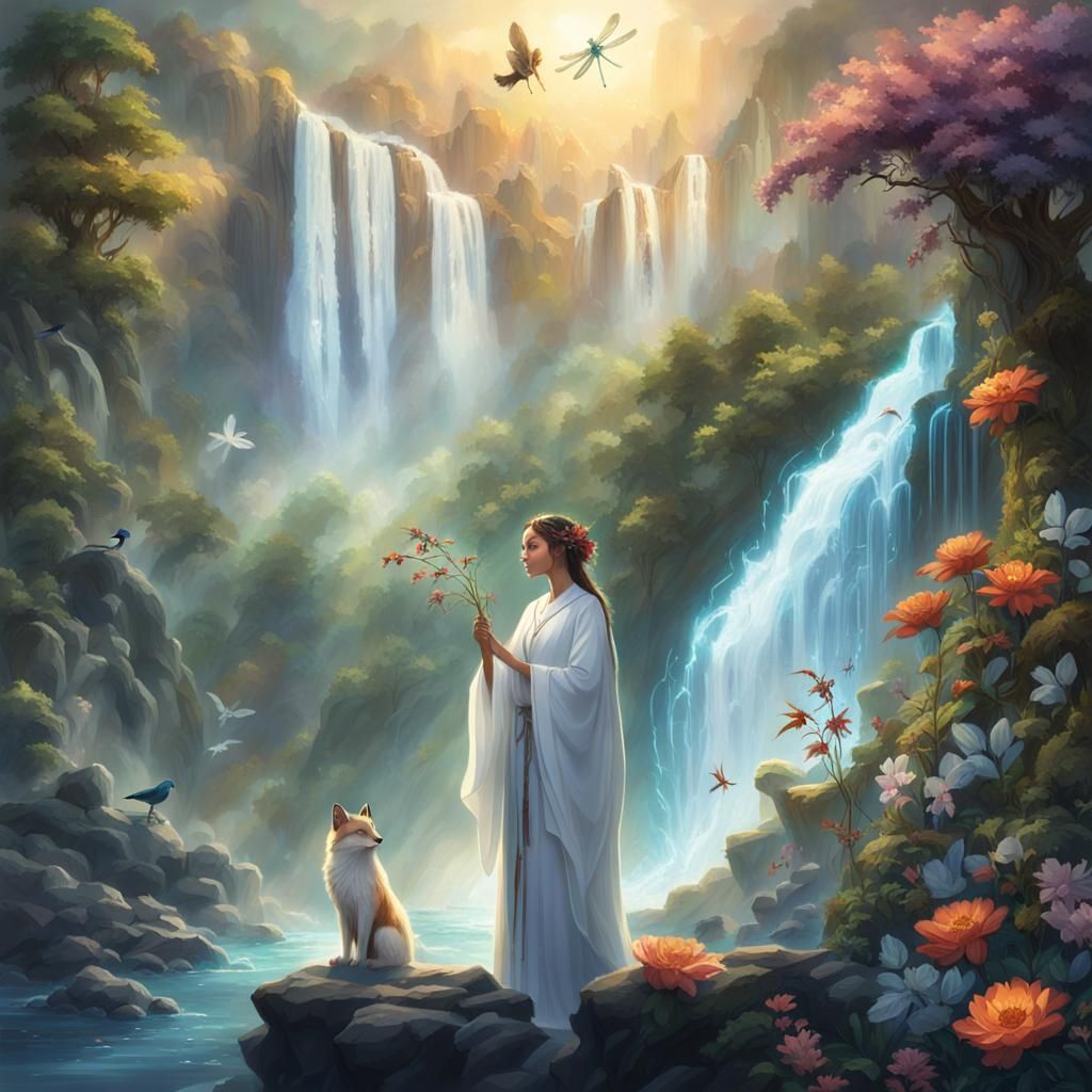 Fantasy Waterfall Scene with Woman and Magical Animals