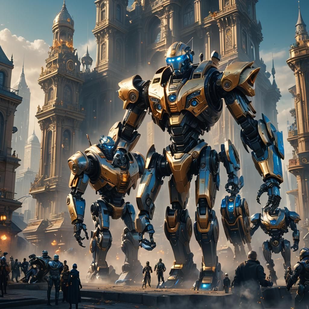 Robots Triumph as Humans Serve in Ornate Cityscape