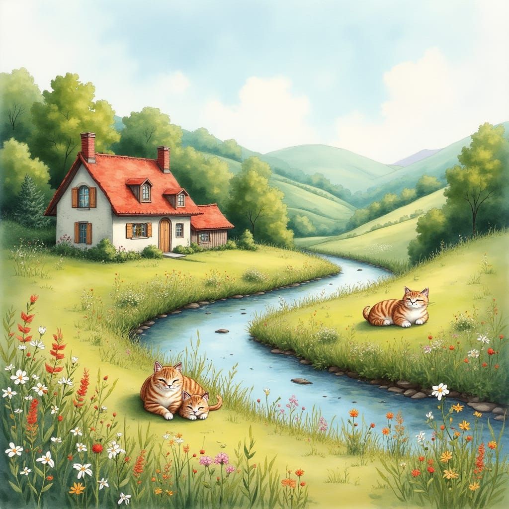 Whimsical Watercolour Valley Scene with Coquettish Cats