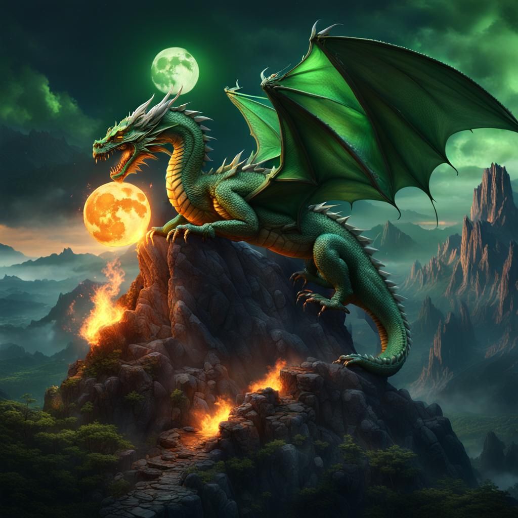 Green Dragon on Mountain Blowing Fire, Detailed Matte Painti...