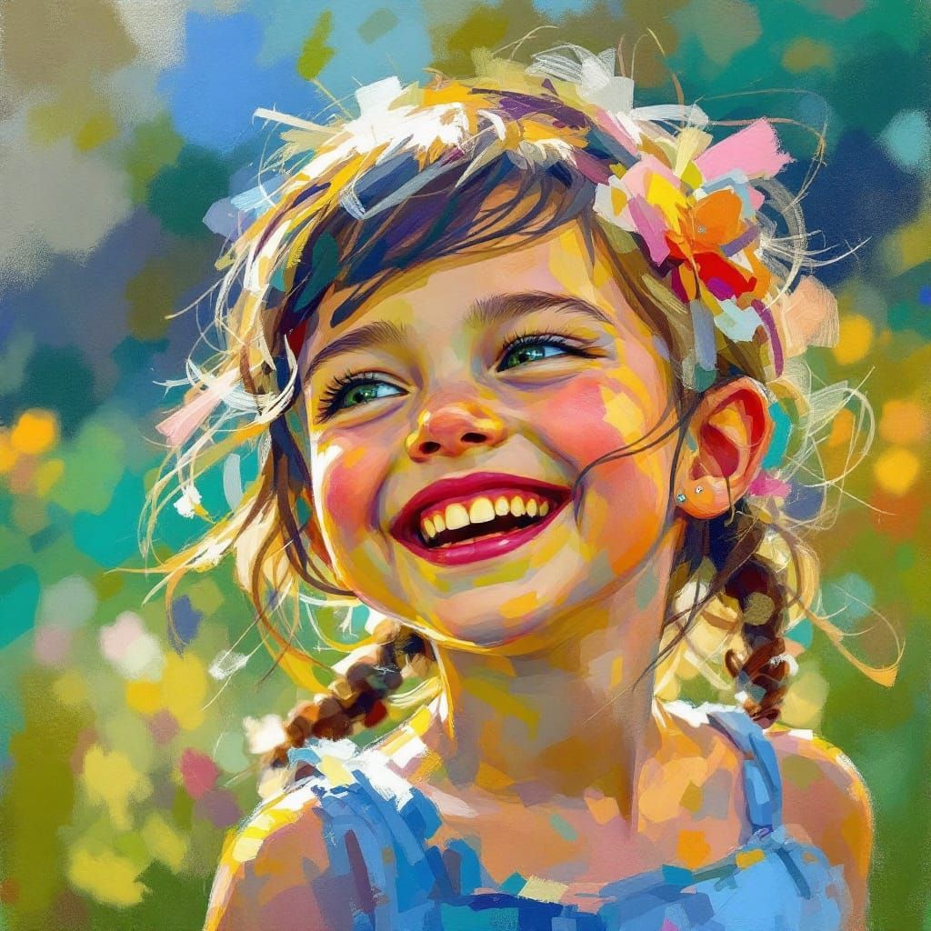 Joyful Girl's Radiant Smile in Impressionistic Oil Painting