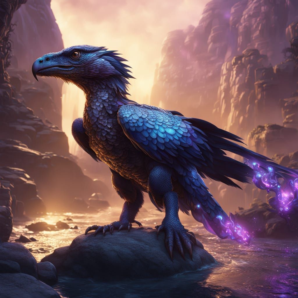 Mystical Aqua Raptor Standing at Waterfall's Edge