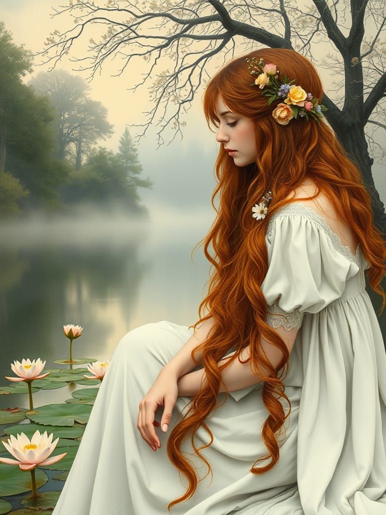 Pensive Woman by Lake in Pre-Raphaelite Style