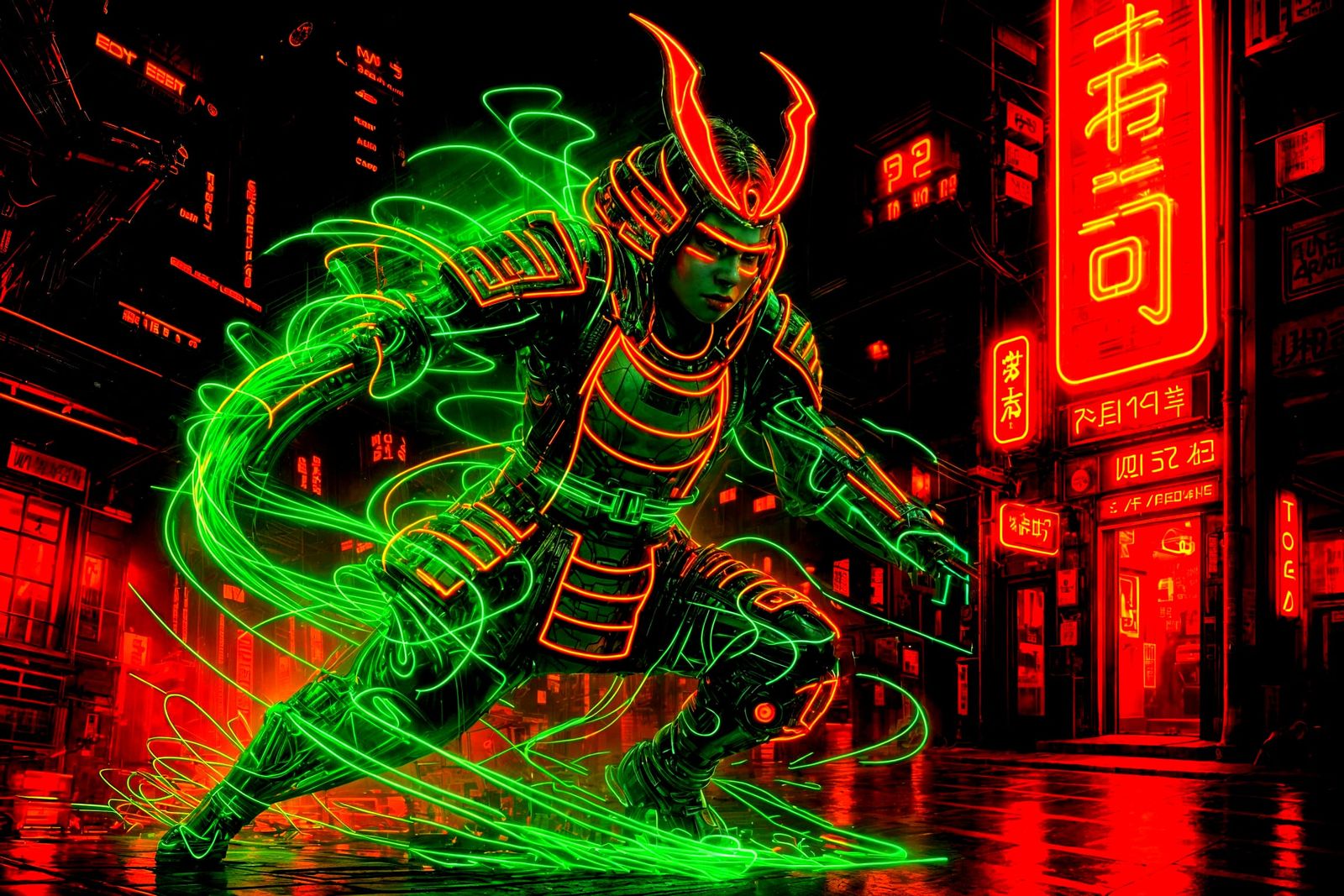 Neon Samurai in Cyberpunk Cityscape