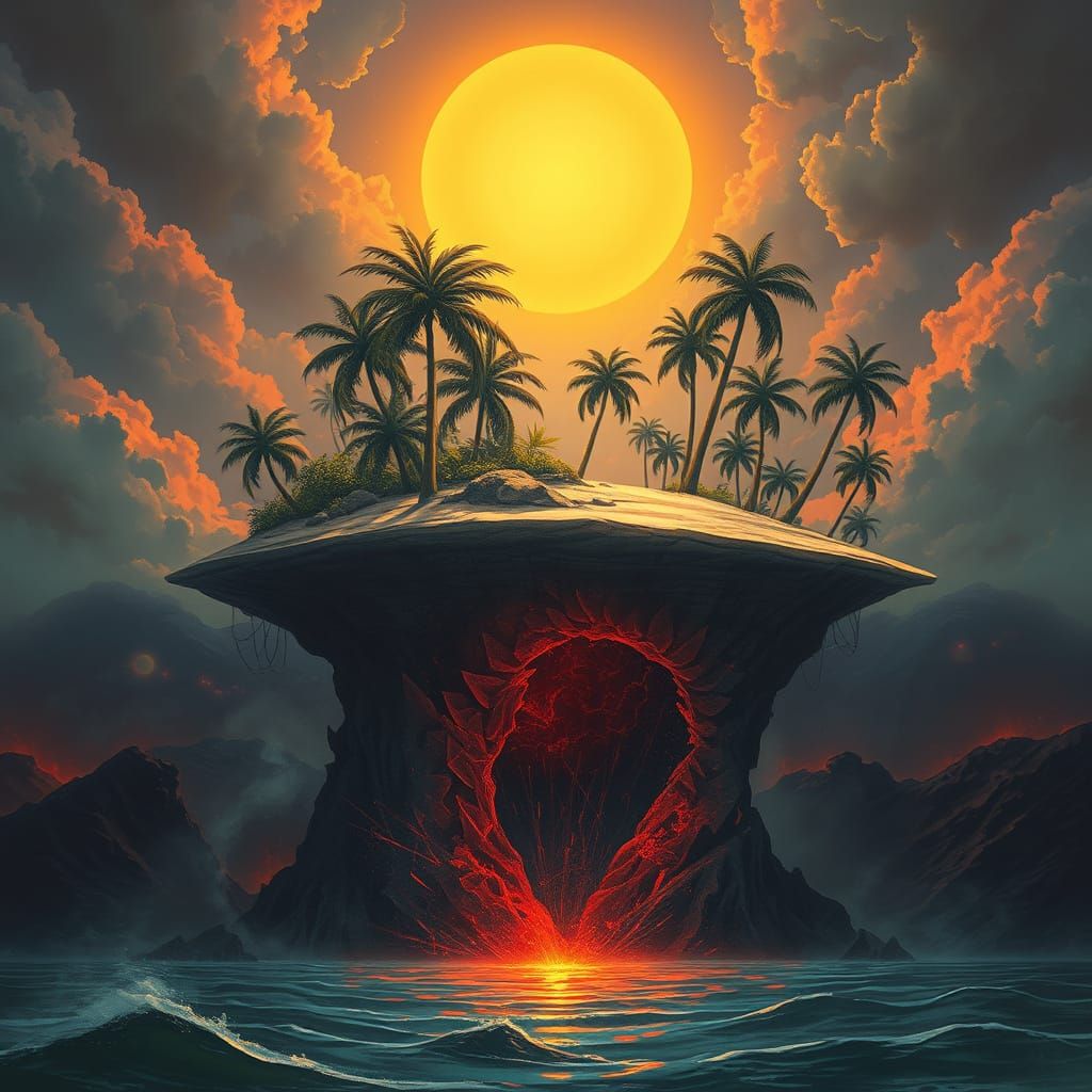 Floating Island Paradise Contrasts with Fiery Depths