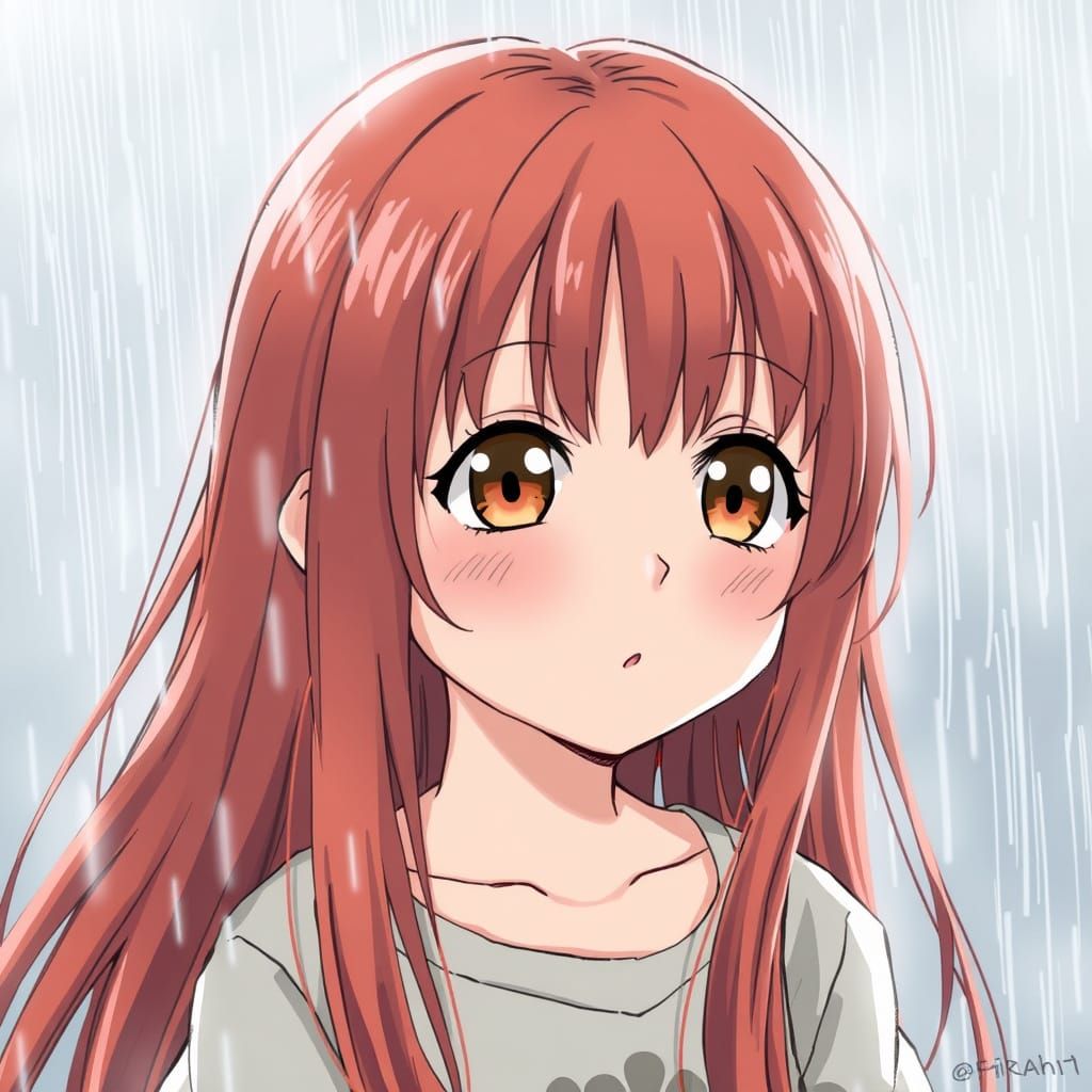 Sad Child with Red Hair in Rain, Anime Style