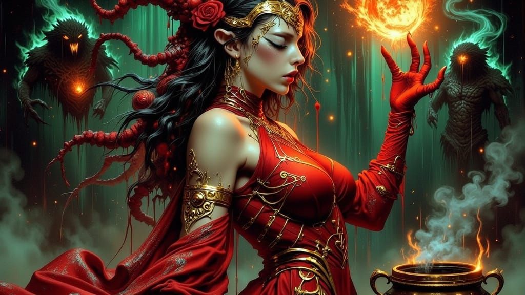 Curvy Sorceress Casting Spells in Fantasy Art Style