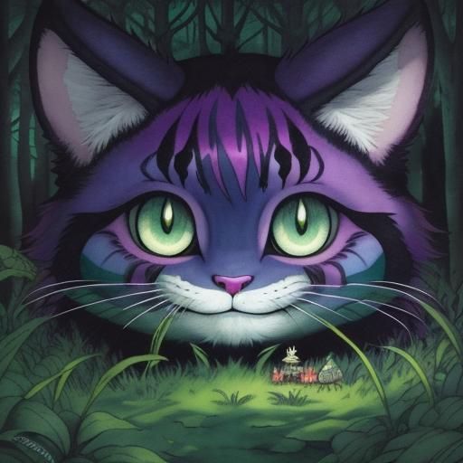 Smiling Cheshire Cat in Vibrant Watercolour Forest