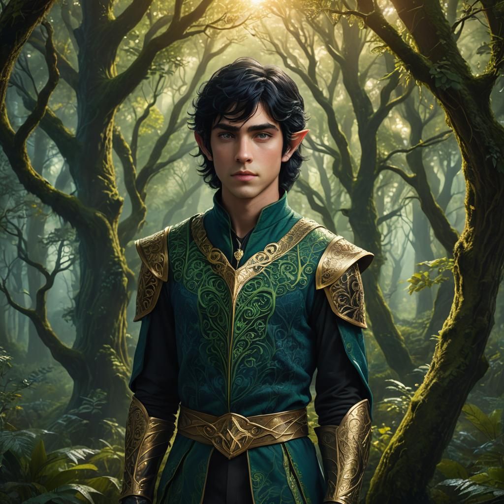 Half-Elf Prince in Mystical Forest, Detailed Matte Painting
