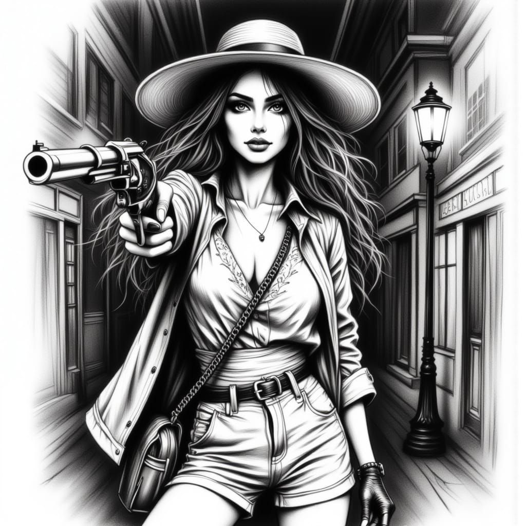 Monochrome Noir: Woman with Rose in Revolver