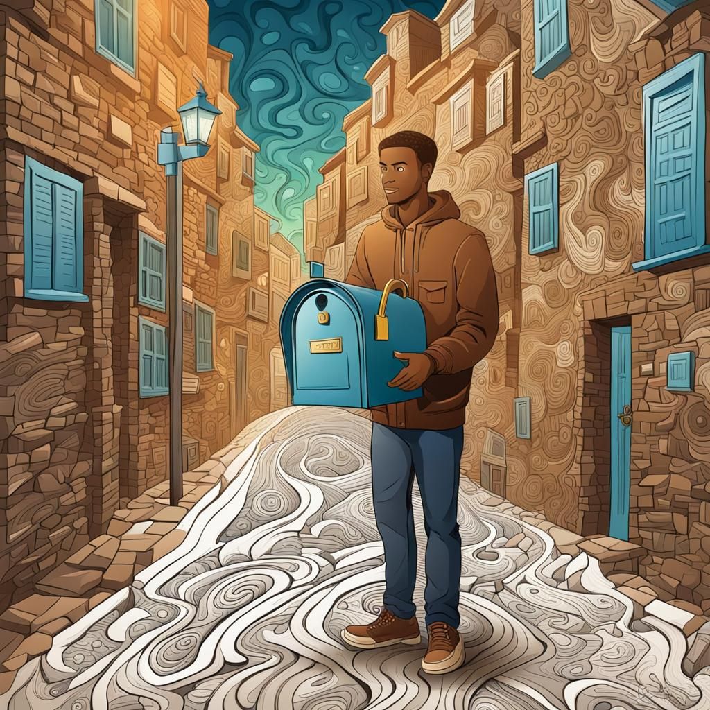 Man and Mailbox in Alley with Abstract Fractals