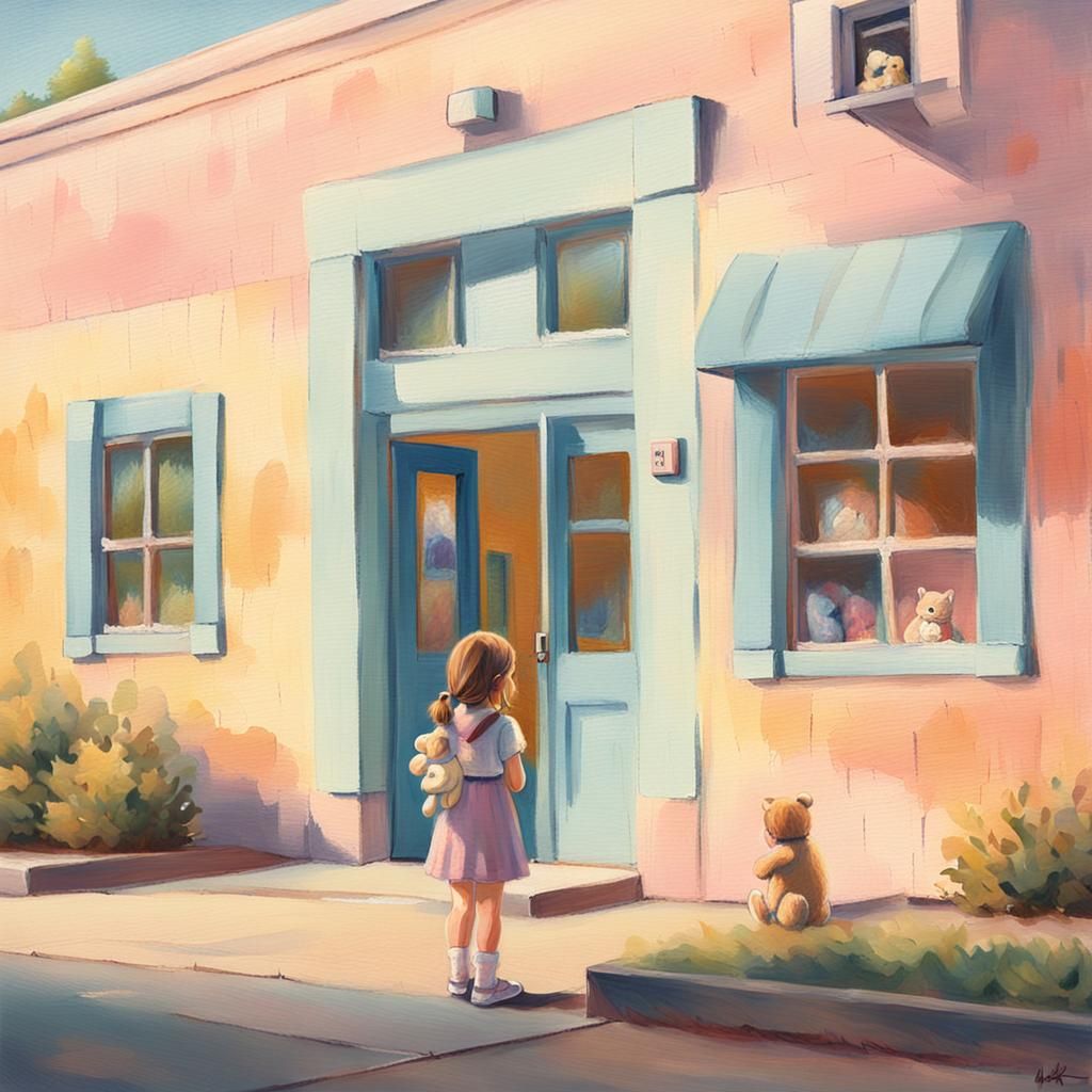 Impressionistic Painting of Girl at Preschool Entrance