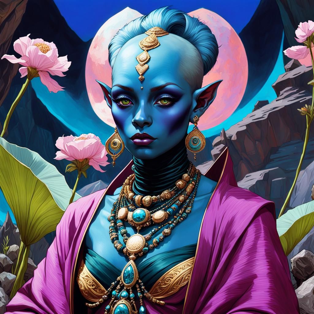 Blue-Skinned Goblin Warlock Portrait in Art Nouveau Style