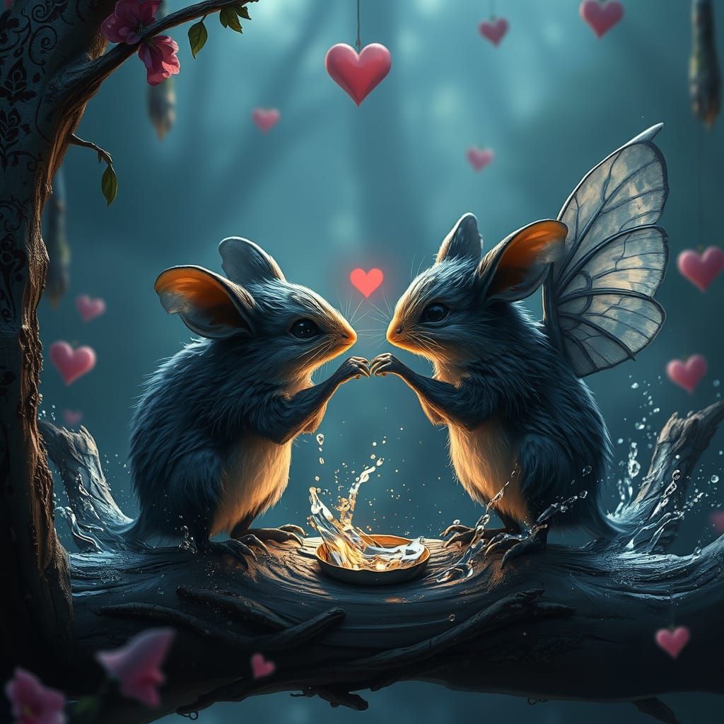 Romantic Scene of Two Grey Mice Embracing in a Dreamy Ambian...