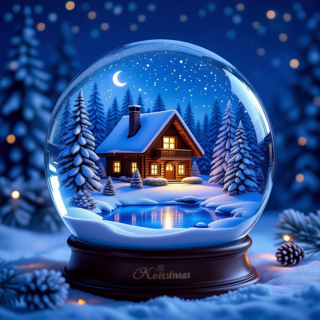 Christmas Snow Globe with Cozy Chalet and Moonlit Lake