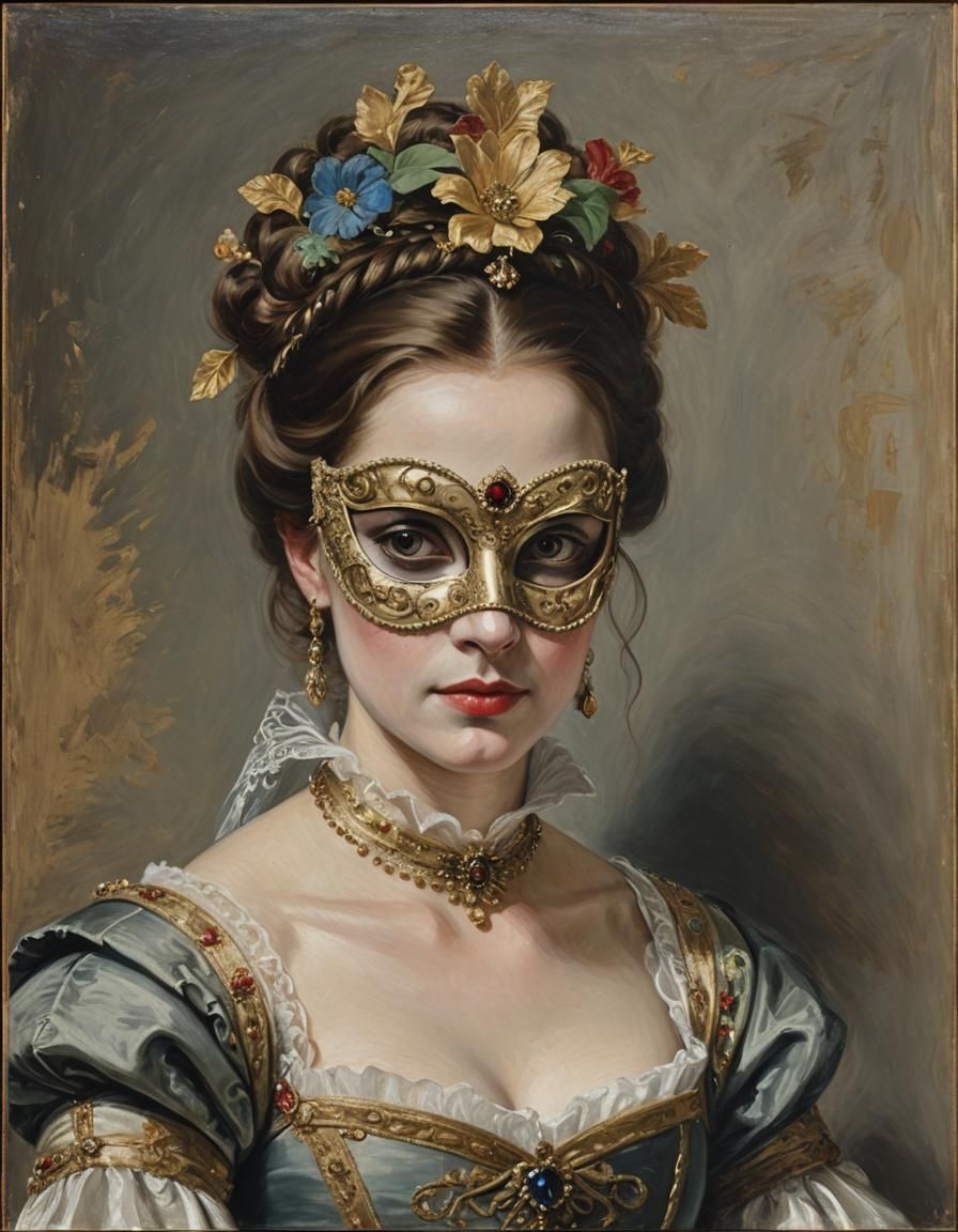 Juliet wearing a mask at the Capulet Ball, half body portrait, oil on canvas