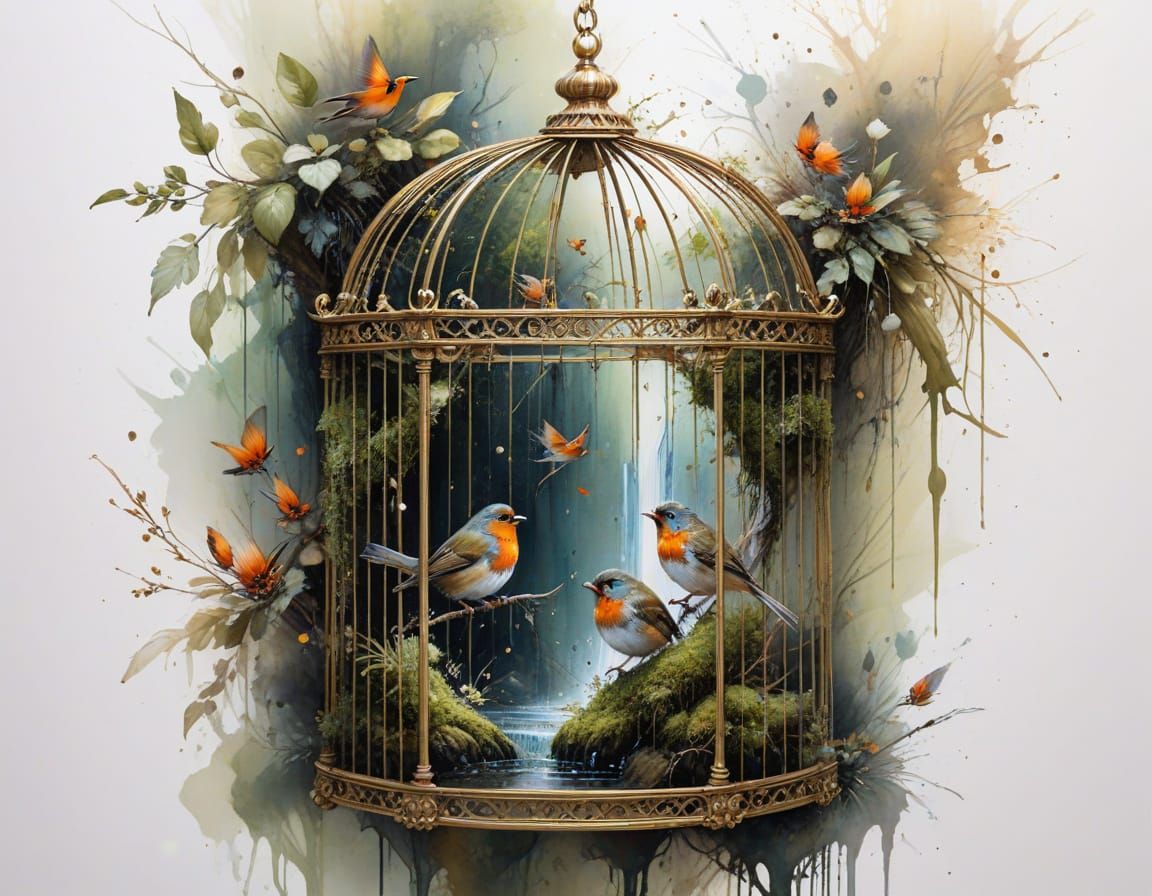 Mossy Waterfall Birdcage with Robins in Watercolour Style