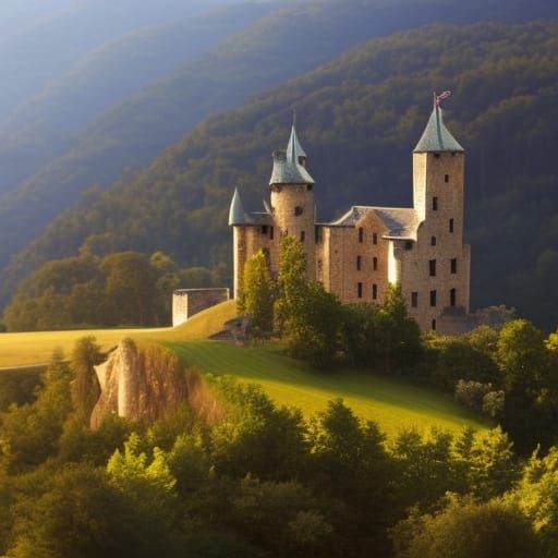 Picturesque Castle Overlooking Village in Photorealistic Sty...