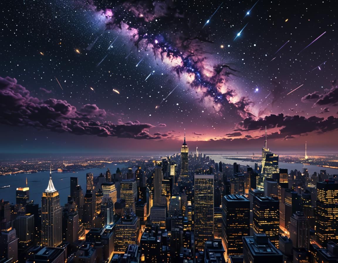 Cosmic New York Skyline in Starry Universe