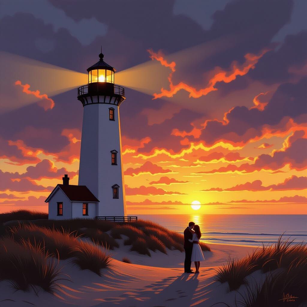Lighthouse at Sunset with Golden Sky