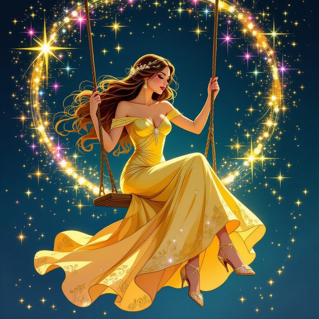 Golden Goddess on Swing Amidst Stars