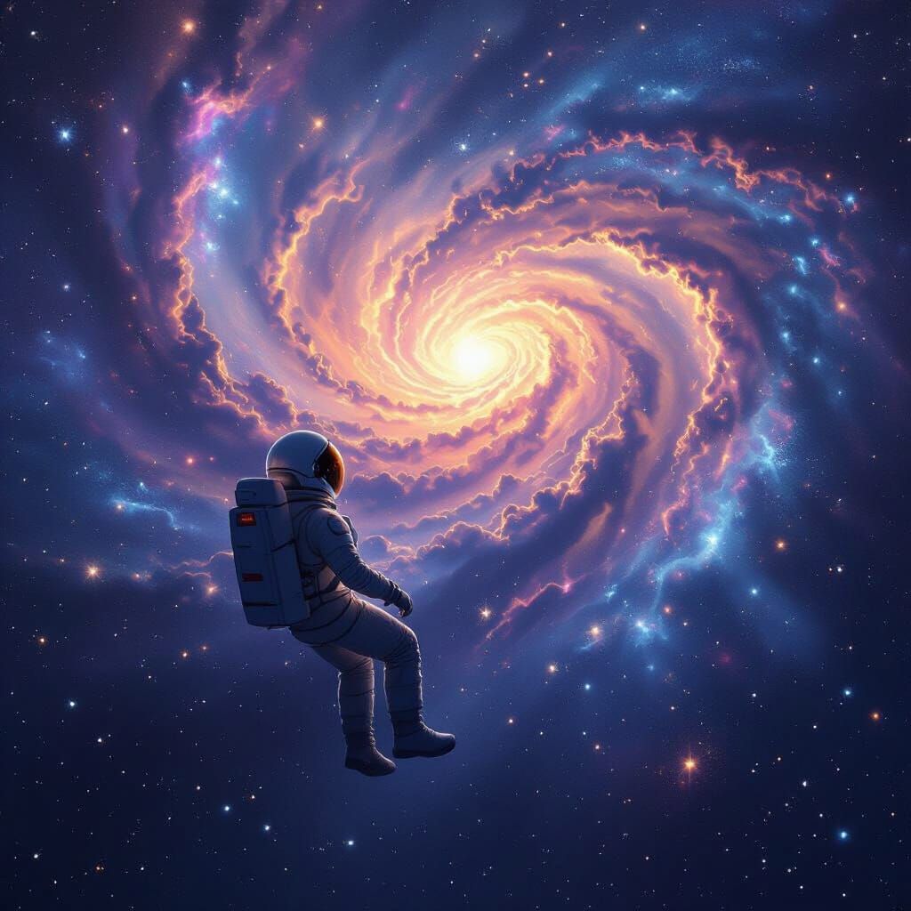 Astronaut Gazes at Galaxy in Digital Matte Painting Style