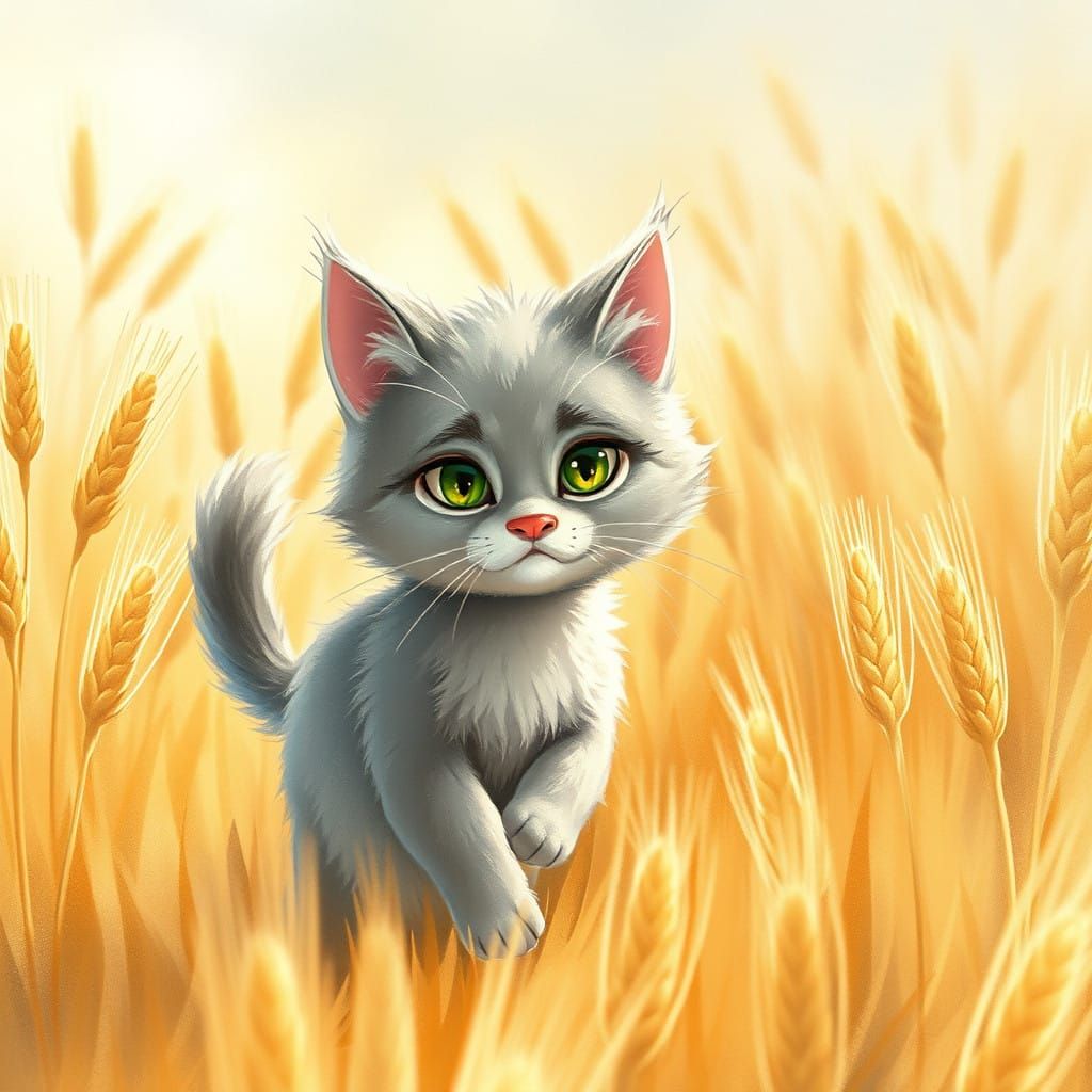 Whimsical Gray Cat in Sunlit Wheat Field