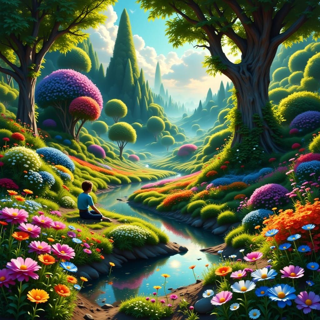 Serene Woman in Lush Garden, Art Nouveau Style