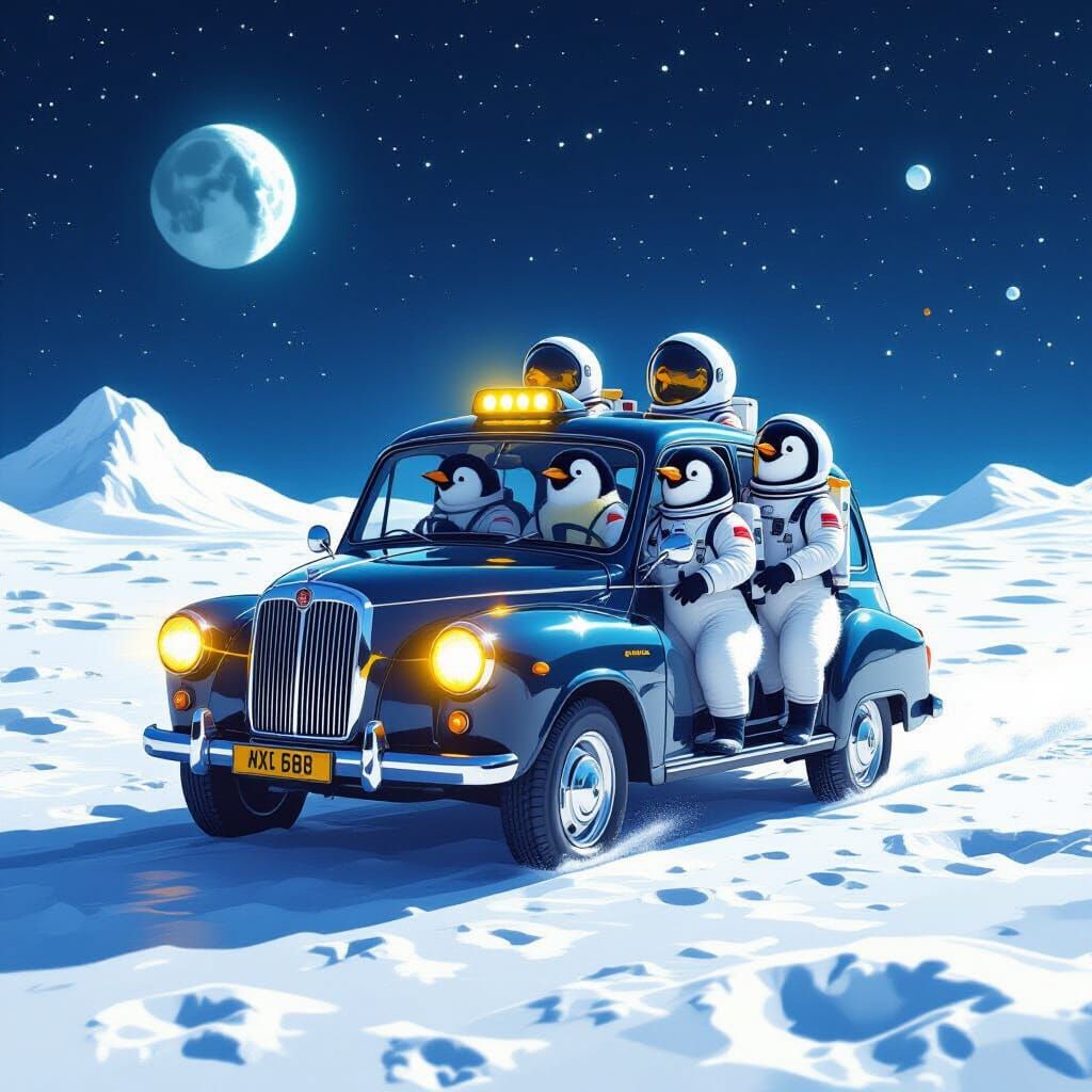 London Taxi Picks Up Penguin Astronauts on the Moon
