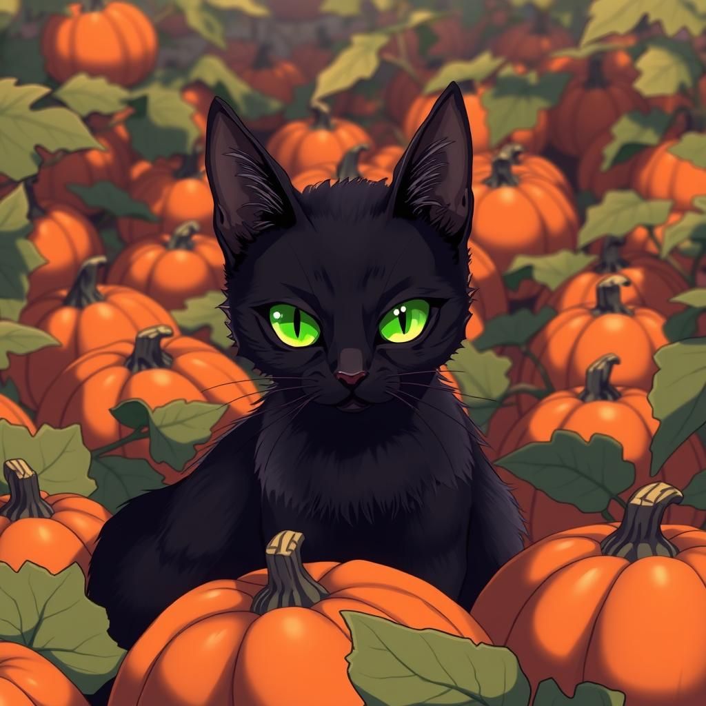 Anime Black Cat in Pumpkin Patch