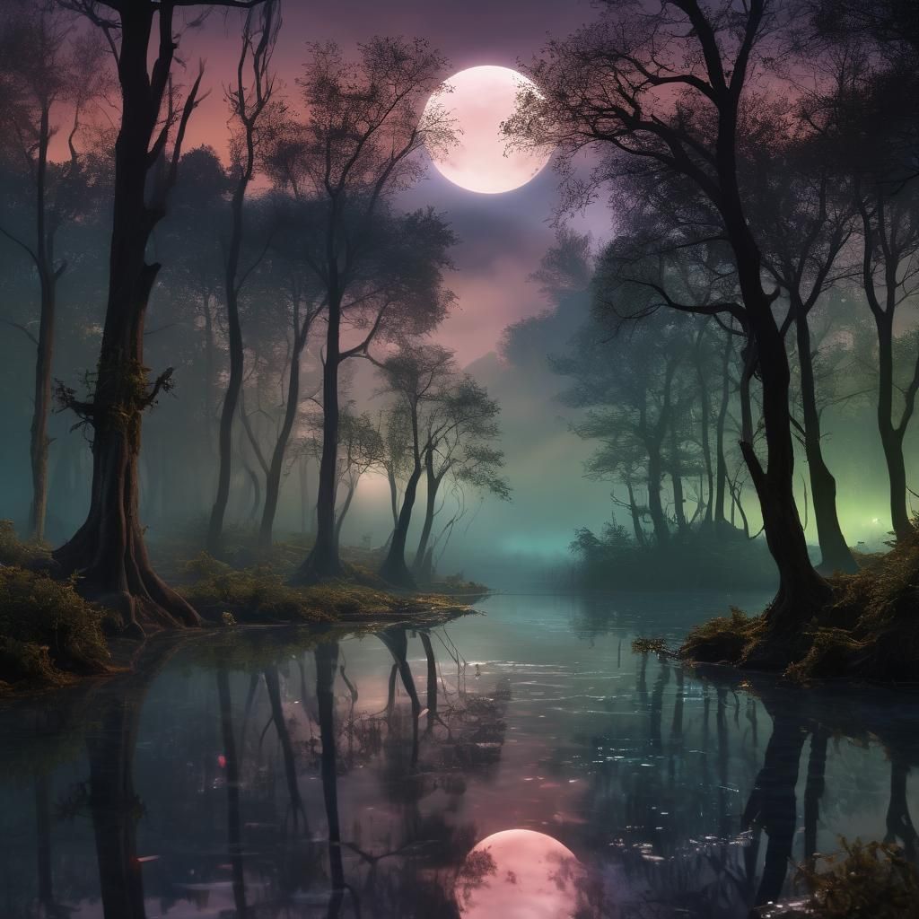 Surreal Forest Pond Under Moonlight