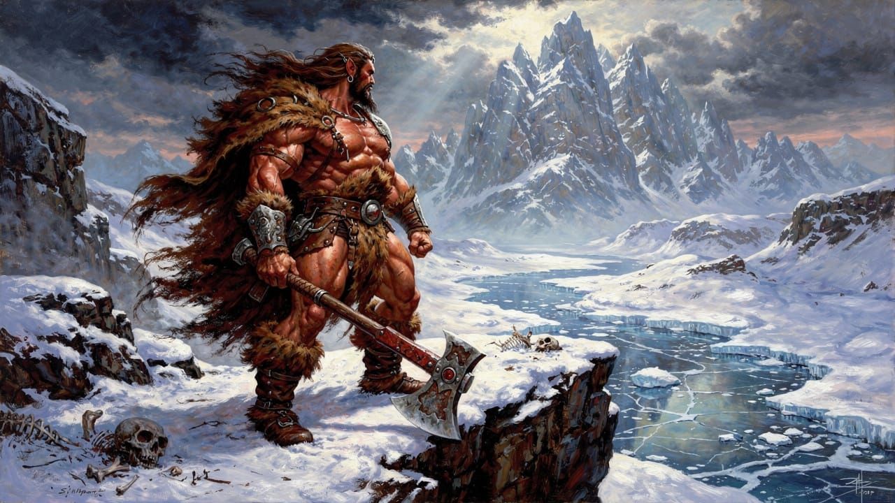 Barbarian Warrior on Snowy Cliff in Frazetta Style