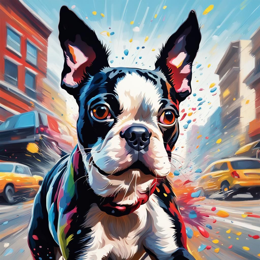 Boston Terrier Running: Hyperrealistic Splash Art