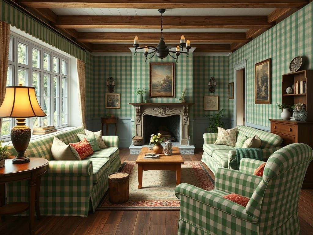 Cozy Green and White Gingham Country Living Room