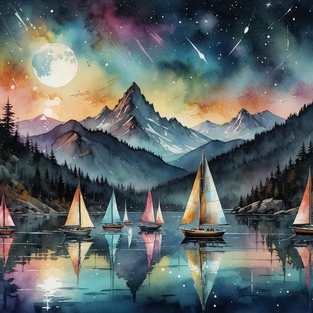 Sailboats Racing Under a Starry Sky in Watercolor