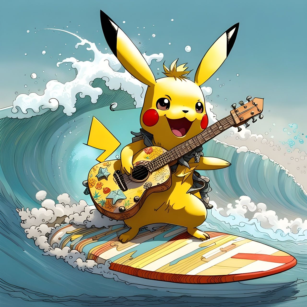 Pikachu Surfing with Guitar in Summer